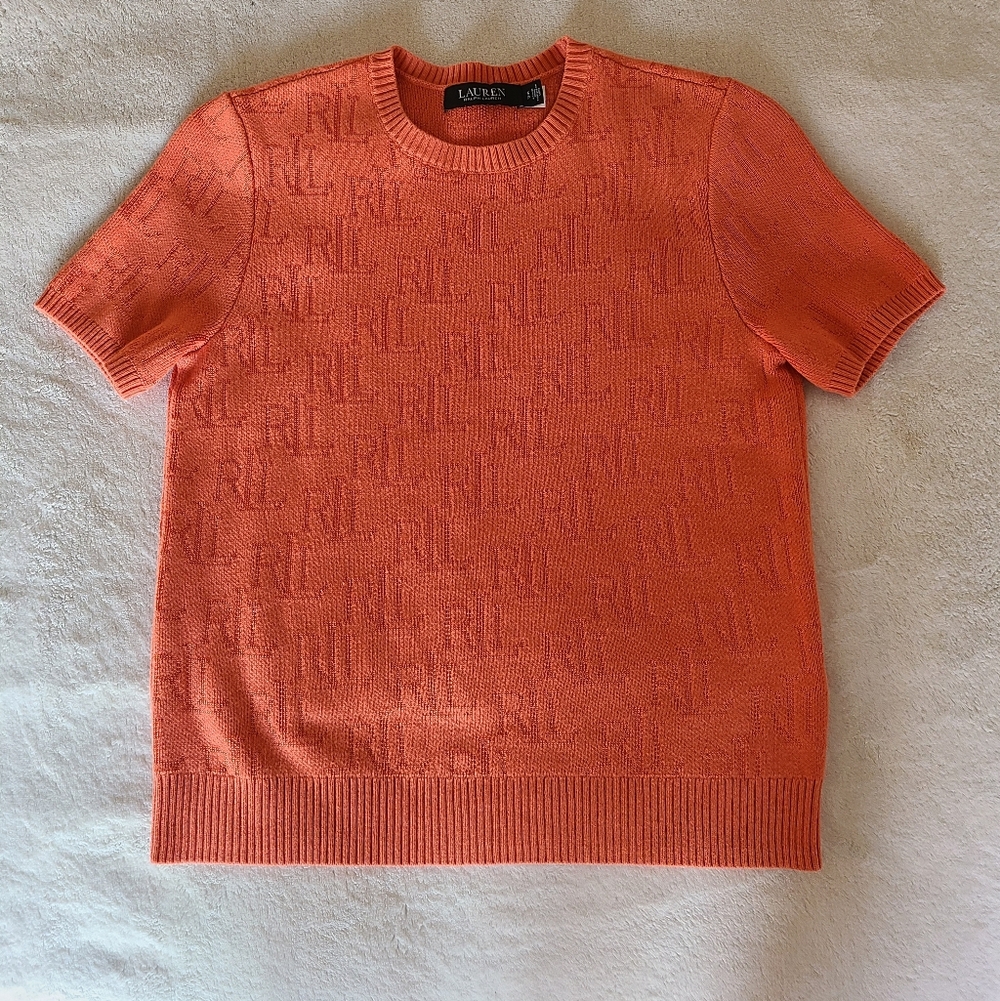 Lauren Ralph Lauren Black Label Monogram Jacquard Short Sleeve Sweater Orange S